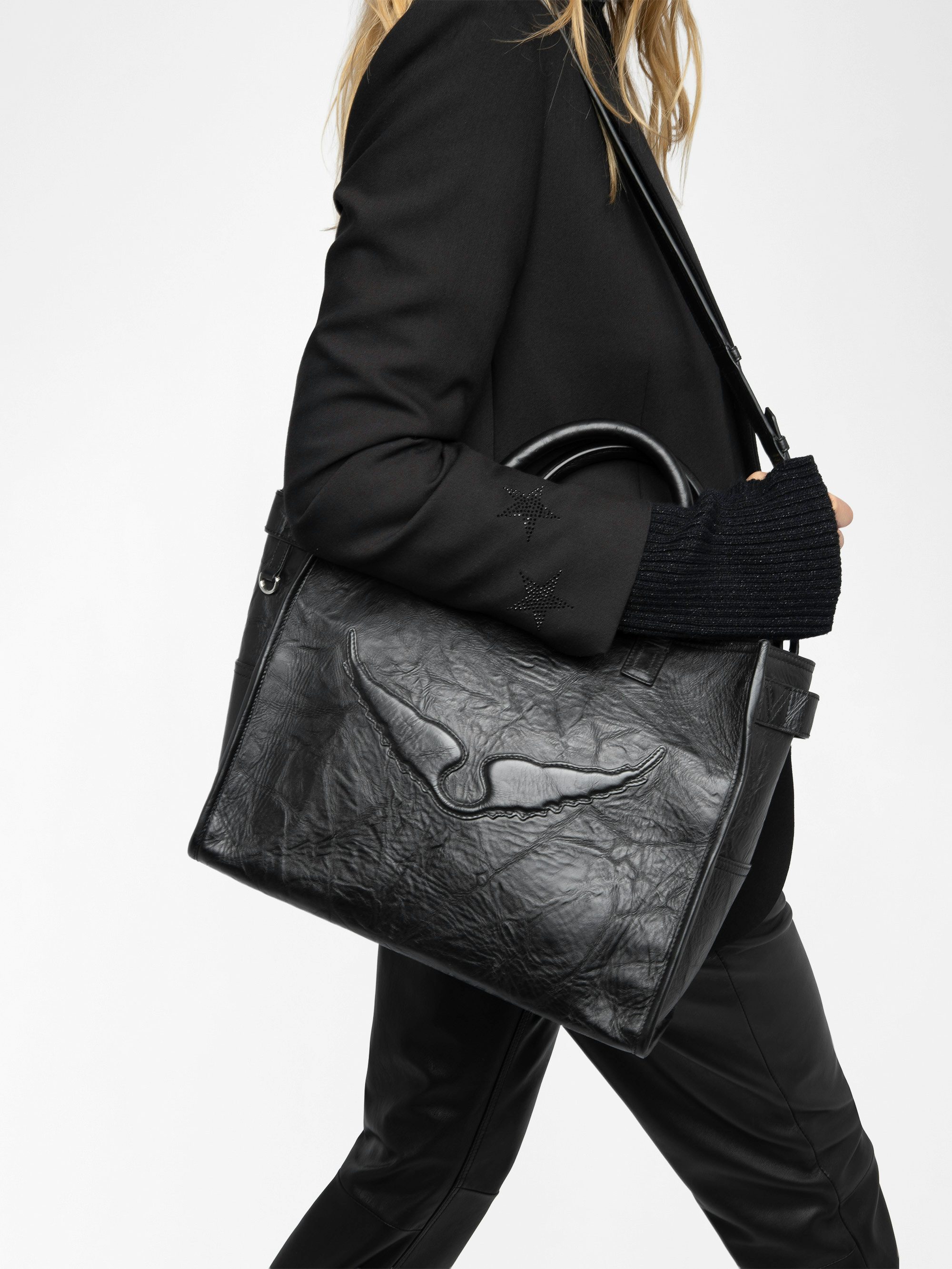 Angel Tote Bag - Crinkled leather bag with handle, shoulder strap and embossed wing signature.